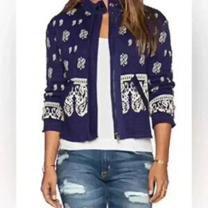 Free People Dark Blue and White Patterned Bomber Jacket